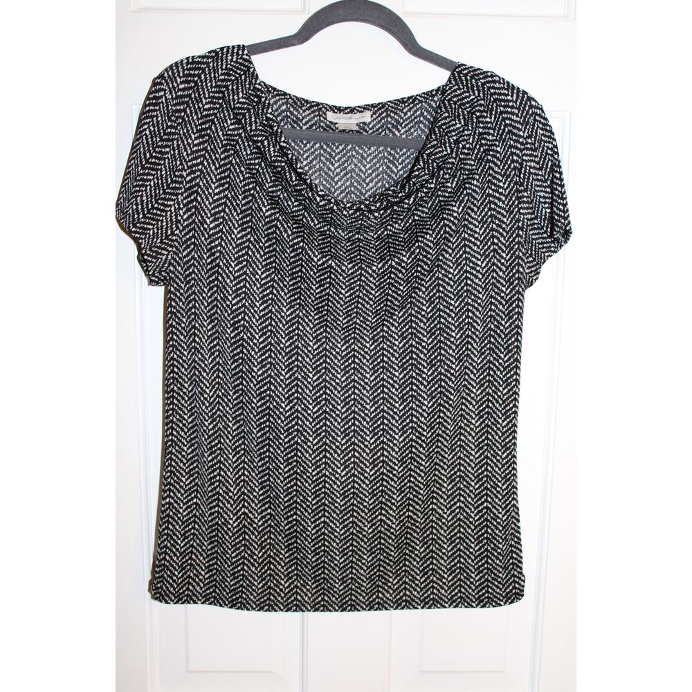 Jocelyn Smith Collection BLACK/WHITE Blouse Draped Neck Short Sleeve Size S